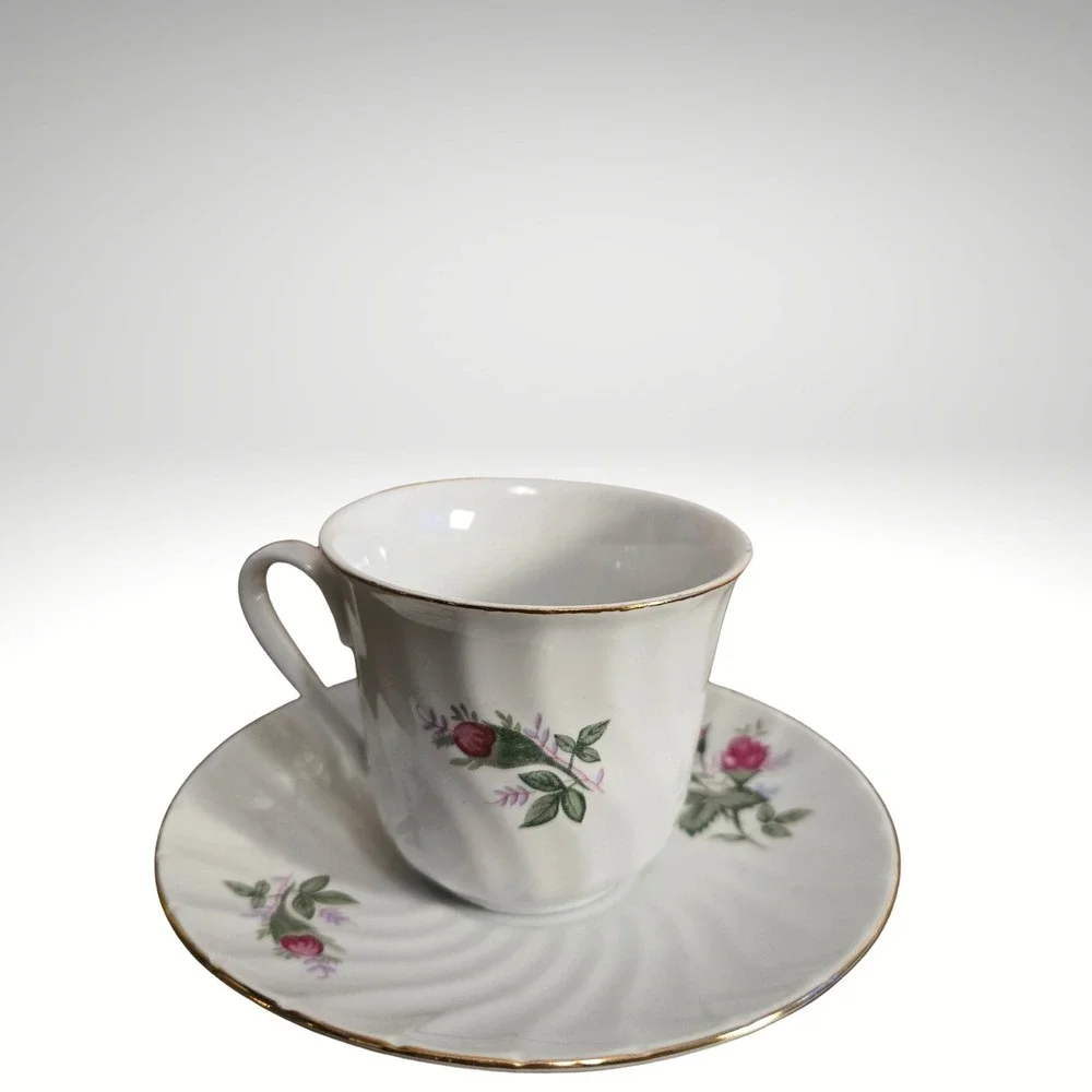 Vintage cottagecore MCM 60s Porcelain Teacup‎ and Saucer Set Pink Rose Gold Rim